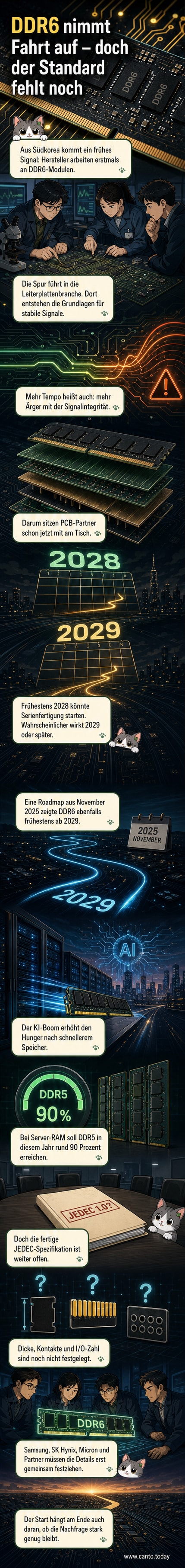 Illustration eines Speichermoduls mit DDR6-Aufschrift, umgeben von Leiterplatten-Schaltungen und Pfeilen, die auf steigende Geschwindigkeit und Komplexität hinweisen.