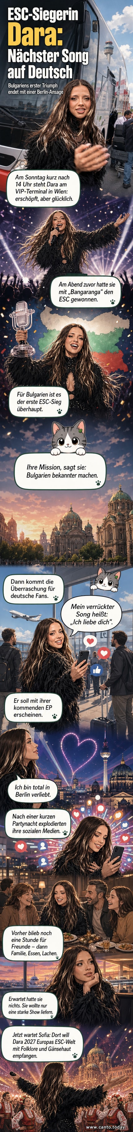 Dara, die ESC-Siegerin 2026, steht lächelnd am VIP-Terminal des Wiener Flughafens, umgeben von ihrem Team.