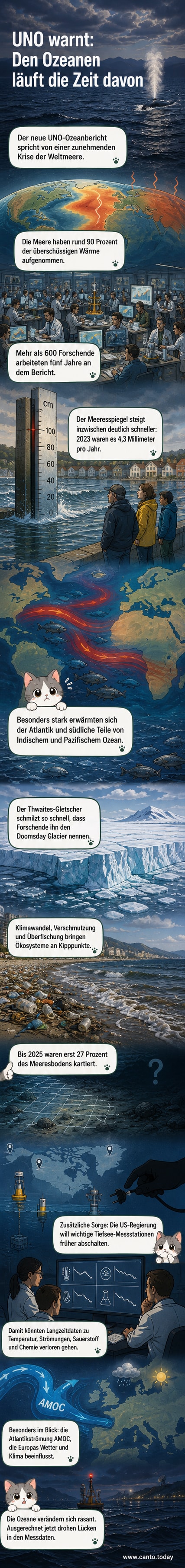 Zwei Szenen: Oben eine warme, blubbernde Meeresoberfläche mit aufsteigenden Luftblasen, unten ein schmelzender Gletscher vor einer Forschungsstation.