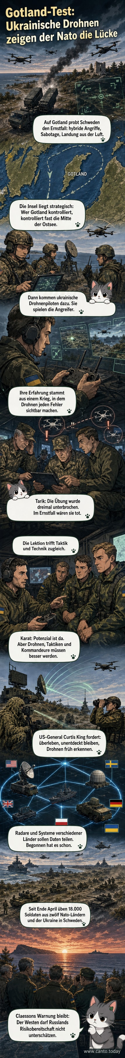 Ein ukrainischer Soldat steuert eine Drohne während einer Militärübung auf der Insel Gotland, während schwedische und US-Soldaten beobachten.