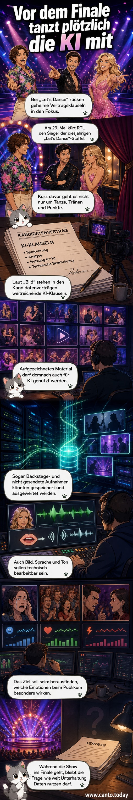 Illustration einer Tanzbühne mit KI-Symbolen im Hintergrund, die Datenströme und Gesichtsanalyse darstellen