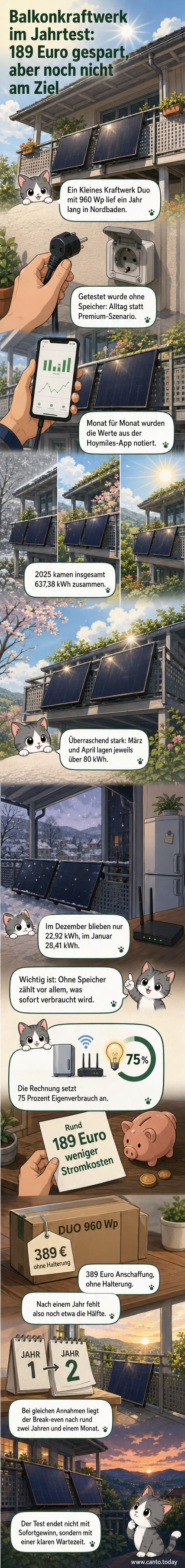 Zwei schwarze Solarpaneele auf einem Balkongeländer, im Hintergrund grüne Vegetation und ein Wohnhaus. Dazu ein Smartphone mit App-Ansicht der Echtzeit-Ertragsdaten.