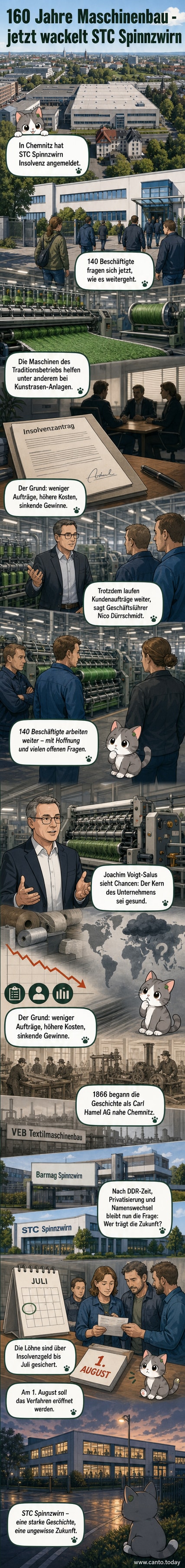 Ein stillstehender Maschinenkomplex im Werk von STC Spinnzwirn in Chemnitz, umgeben von Werkstätten und Produktionshallen.