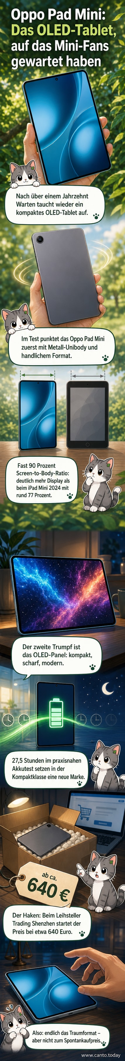 Illustration eines schlanken Tablets mit extrem schmalen Rändern und OLED-Bildschirm, umgeben von technischen Details wie Akkulaufzeit und Gehäusematerial.