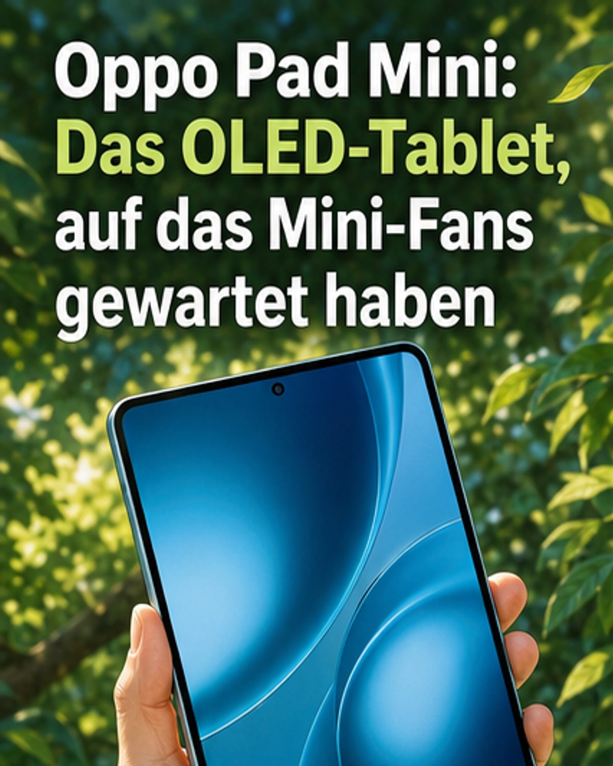 Illustration eines schlanken Tablets mit extrem schmalen Rändern und OLED-Bildschirm, umgeben von technischen Details wie Akkulaufzeit und Gehäusematerial.