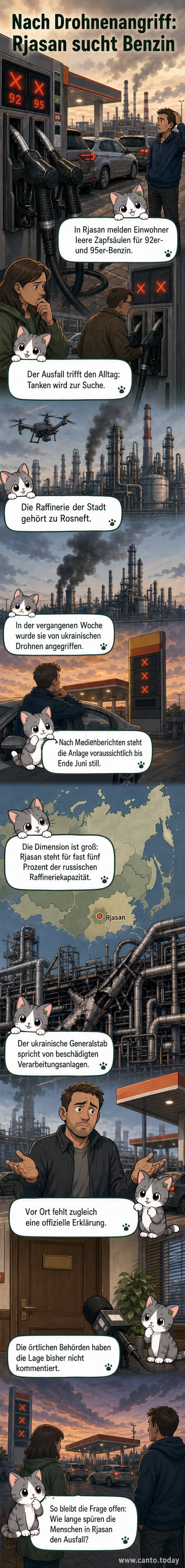Leere Tankstelle in Rjasan mit Schildern 'Kein Benzin verfügbar', im Hintergrund Rauch über einer Industrieanlage.