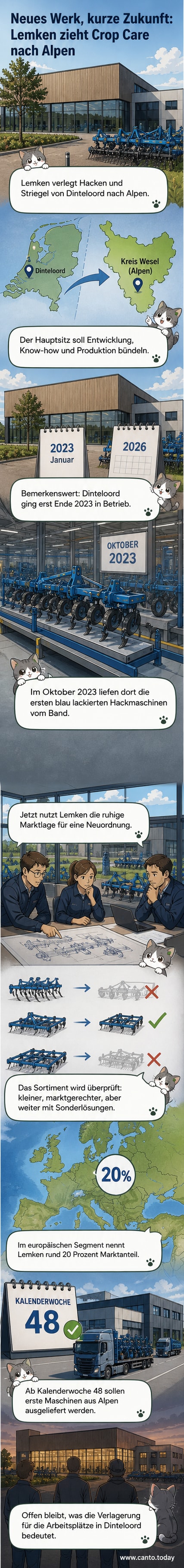 Ein modernes Landmaschinenwerk in Dinteloord, das nun geschlossen wird, daneben ein Produktionsstandort in Alpen mit blauen Lemken-Maschinen.