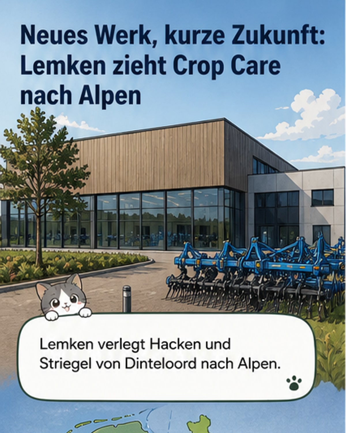 Ein modernes Landmaschinenwerk in Dinteloord, das nun geschlossen wird, daneben ein Produktionsstandort in Alpen mit blauen Lemken-Maschinen.