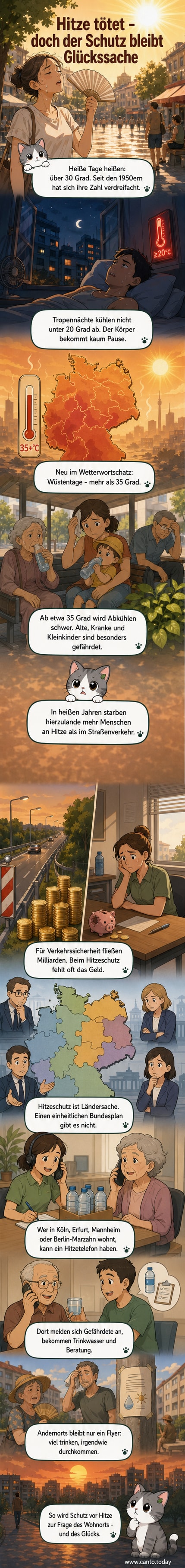 Eine Person fächert sich mit einem Papierfächchen Luft zu, während im Hintergrund eine heiße Stadtstraße bei 38 Grad zu sehen ist.