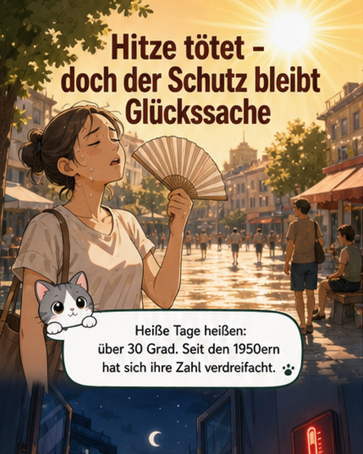 Eine Person fächert sich mit einem Papierfächchen Luft zu, während im Hintergrund eine heiße Stadtstraße bei 38 Grad zu sehen ist.