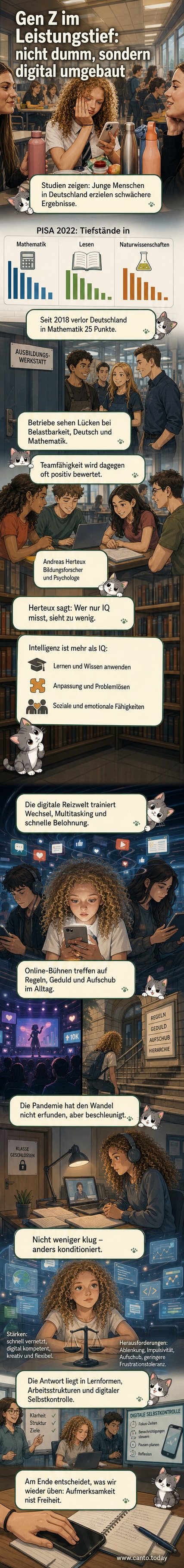 Illustration einer jungen Person, die zwischen digitalen Reizen und klassischen Lernmaterialien steht – zeigt den Konflikt zwischen Aufmerksamkeitssplitting und tiefer Konzentration.