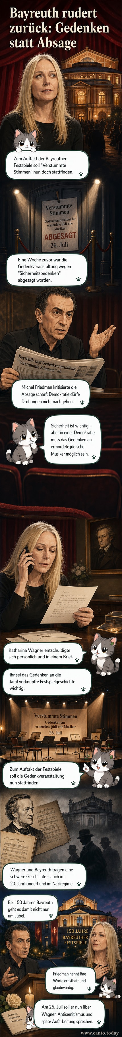 Katharina Wagner und Michel Friedman vor dem Bayreuther Festspielgelände, im Hintergrund ein Plakat mit dem Titel „Verstummte Stimmen“.