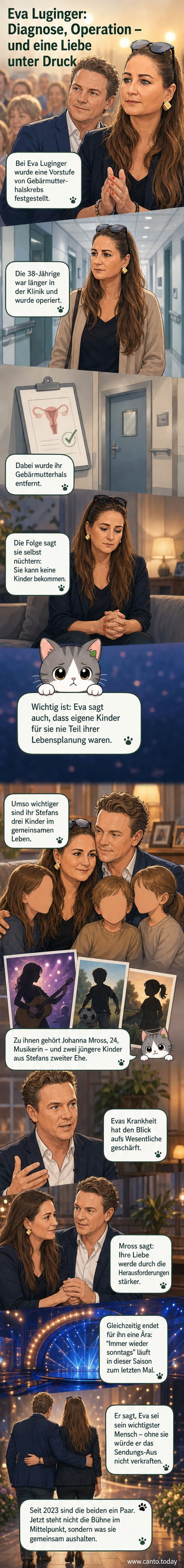 Paar vor blassfarbenem Hintergrund, Frau mit ernstem Gesichtsausdruck spricht über ihre Gesundheit, daneben Symbol für medizinische Behandlung und Familie.
