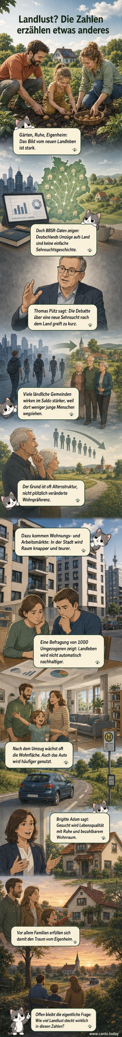 Illustration einer deutschen Kleinstadt mit verwaisten Straßen und einem Schild 'Zu verkaufen', während eine junge Familie mit Umzugskarton vor einem neuen Eigenheim steht.