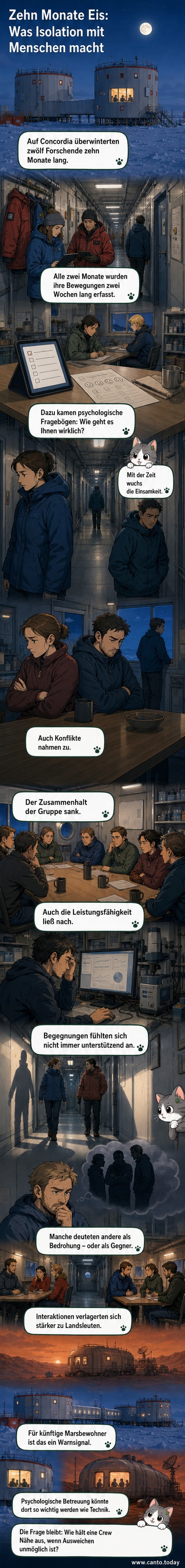 Abstrakte Darstellung einer isolierten Forschungsstation in der Antarktis bei Nacht, umgeben von Eis und dunklem Himmel, mit schematischen Figuren, die sich voneinander abwenden.