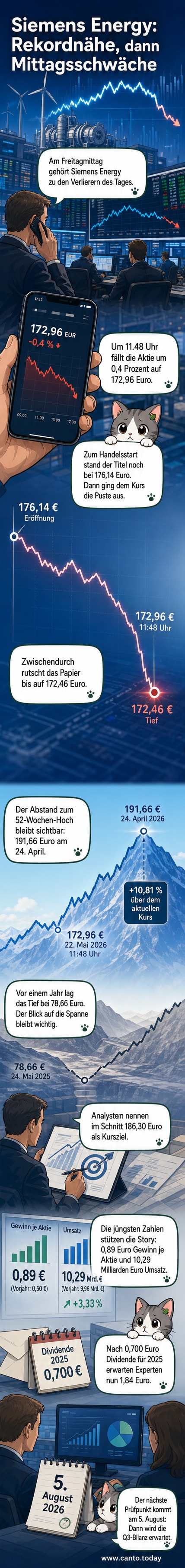 Illustration der Siemens Energy-Aktie mit leicht fallendem Kursverlauf und Hintergrundgrafik aus Zahlen und Bilanzdaten.