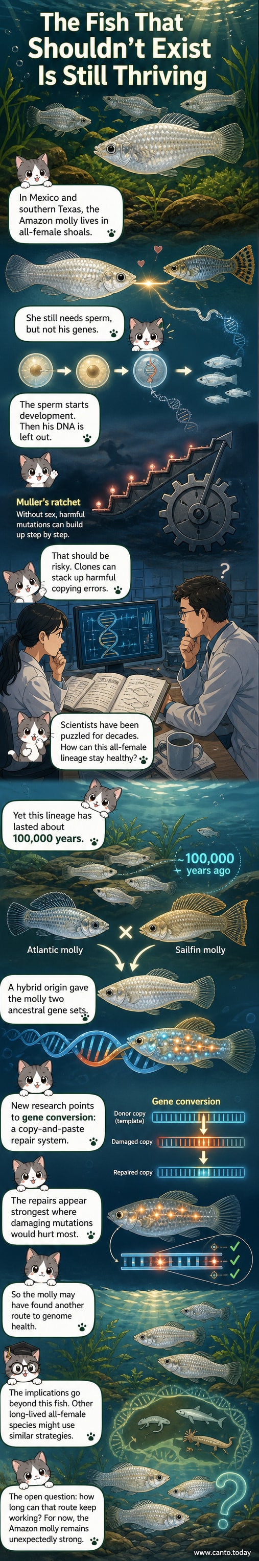 Illustration of an Amazon molly fish swimming in warm river water, with a subtle DNA helix in the background highlighting its unique genetic repair mechanism.