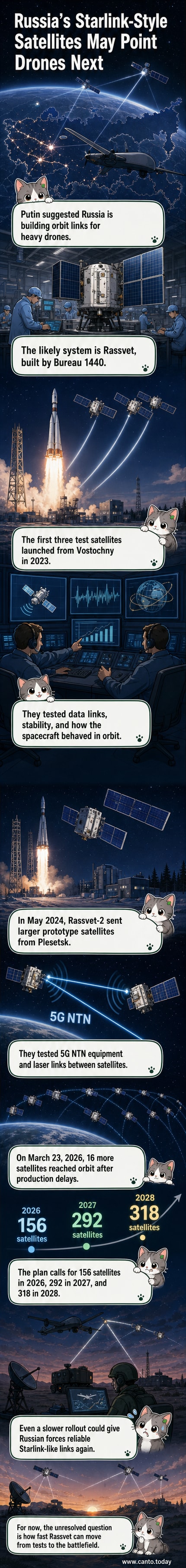 Illustration of Rassvet satellites in low Earth orbit beaming signals to drones and ground terminals, with a comparison to Starlink technology.