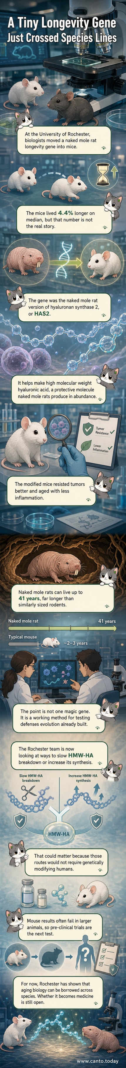 Illustration of a mouse with a glowing gene strand, next to a naked mole rat in an underground burrow, with molecular hyaluronic acid chains floating between them.