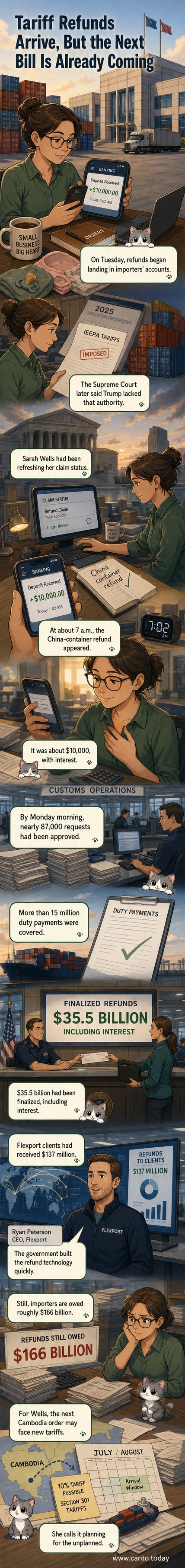 Illustration of a small business owner checking her phone with a bank notification showing a $10,000 deposit, surrounded by shipping containers labeled 'China' and 'Cambodia'.