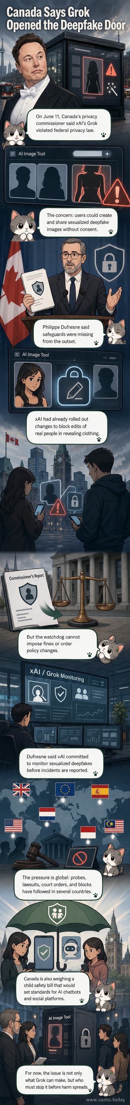 Illustration of a digital avatar being manipulated by AI tools, with a warning symbol and privacy seal broken in the background.