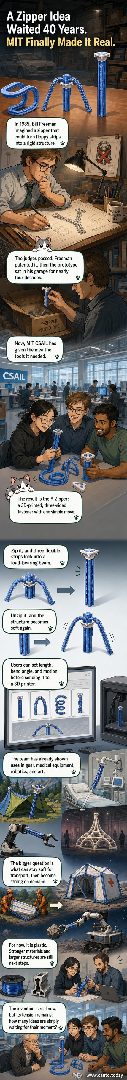 A 3D-printed Y-shaped zipper transforms three flexible strips into a rigid triangular beam when pulled, demonstrating reversible stiffness.