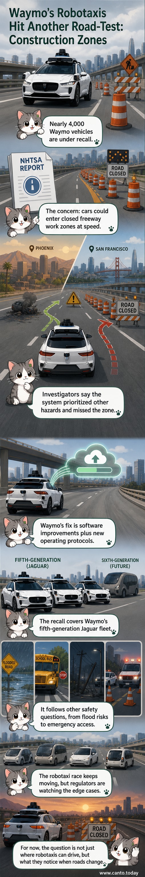 A Waymo robotaxi stopped near orange cones and construction signs on a highway, with a warning banner highlighting a software recall.