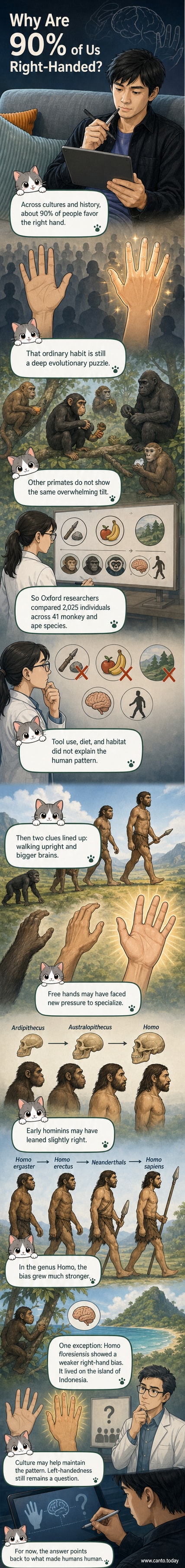 Illustration of early human ancestors evolving from quadrupedal apes to upright walkers, with emphasis on brain growth and right hand tool use.