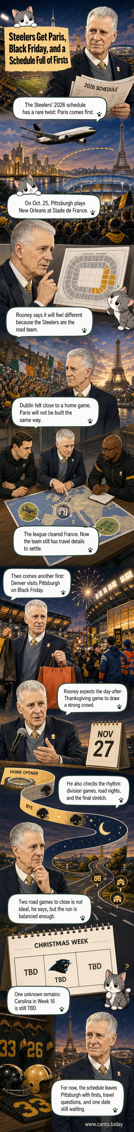 Steelers logo with Eiffel Tower in background, symbolizing the team's first NFL game in Paris