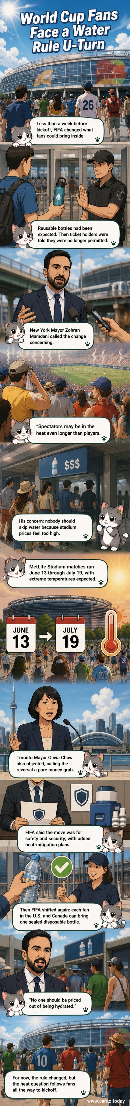Illustration of a soccer stadium under a blazing sun, with fans holding water bottles and a sign reading 'No Water Allowed' crossed out.