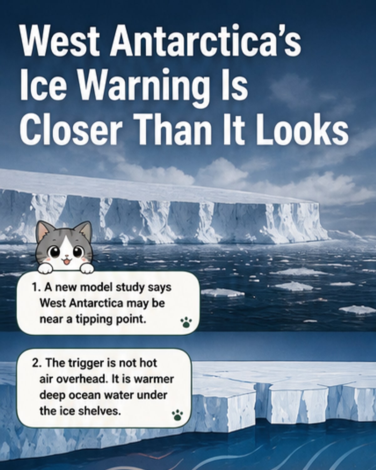 Illustration of warm ocean water eroding the base of an Antarctic ice shelf, with glaciers behind it beginning to accelerate toward the sea.