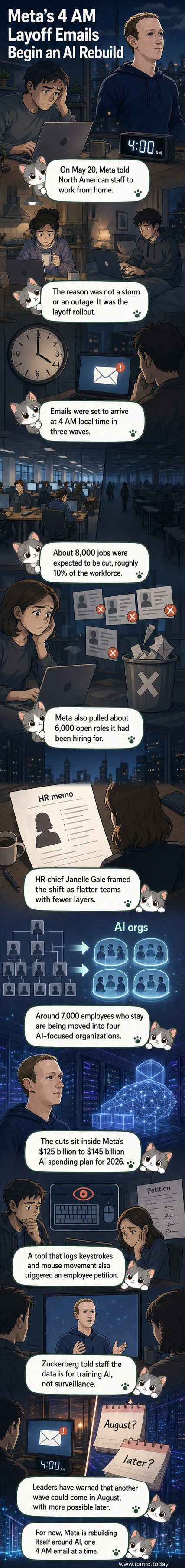 A dimly lit home office with a laptop showing a 'Meeting Ended' screen, a coffee mug, and a phone buzzing with a 4:00 AM notification labeled 'Employment Update'.