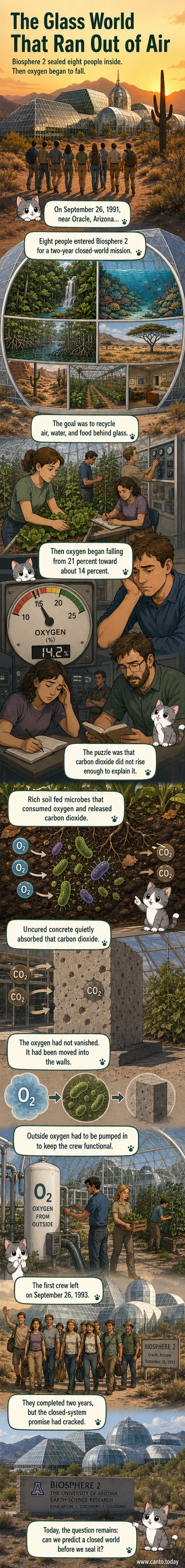 A glass-enclosed artificial world in the desert with people inside, showing plants, soil, and concrete walls as oxygen levels drop.