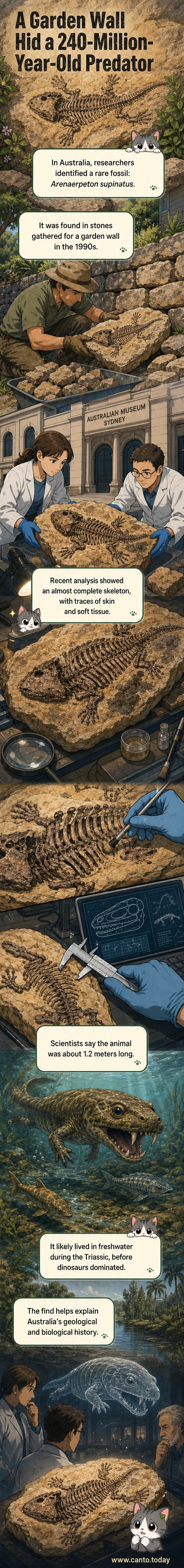 Illustrated reconstruction of Arenaerpeton supinatus, a 1.2-meter-long prehistoric amphibian with sharp fangs, emerging from stone in a garden wall setting.