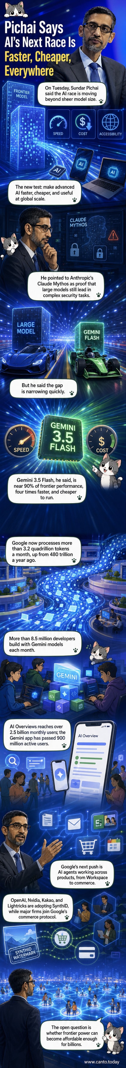 Illustration of a fast-moving AI agent navigating a digital landscape with speed, cost, and accessibility icons along the path.