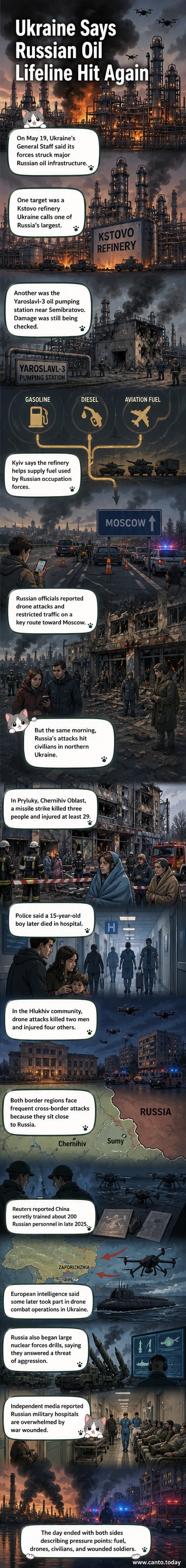 A split visual showing smoke rising from an oil refinery in Russia on one side and damaged buildings in a Ukrainian city after a missile strike on the other, symbolizing cross-border attacks in the ongoing war.
