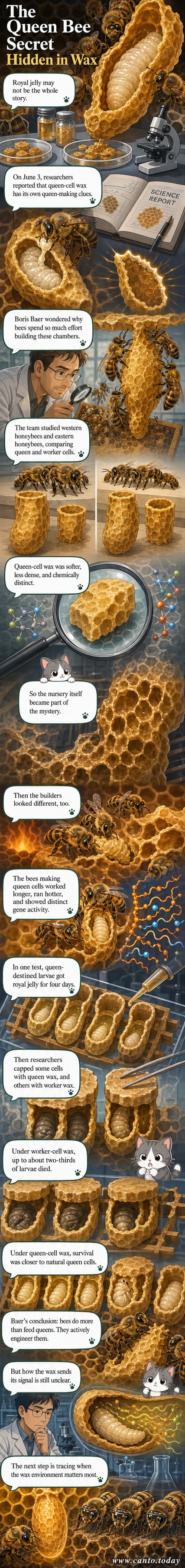 An illustrated honeybee queen in a wax cell, with soft golden wax surrounding her larva, highlighting the physical and chemical differences from worker cells.