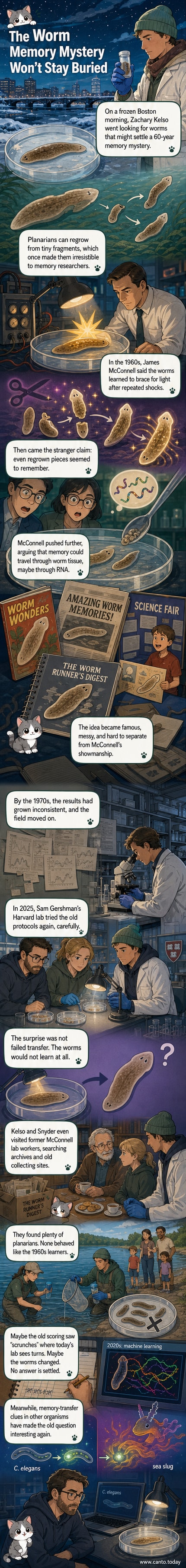 A scientist in a lab coat stands near a frozen riverbank, holding a hammer and looking down at ice-covered water, searching for worms.