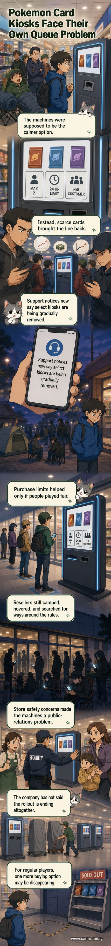 Illustration of a Pokémon TCG vending machine surrounded by frustrated fans and resellers arguing, with a 'Service Temporarily Unavailable' sign on the kiosk.