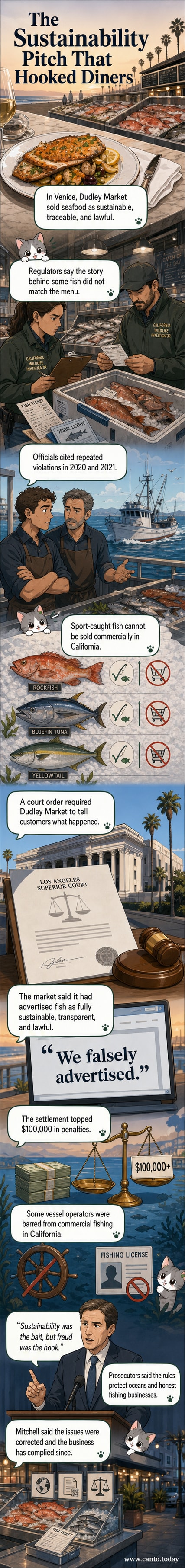 Illustration of a luxury seafood restaurant with a 'sustainable seafood' sign above the door, while a hidden back room shows illegal fish sales and falsified documents.