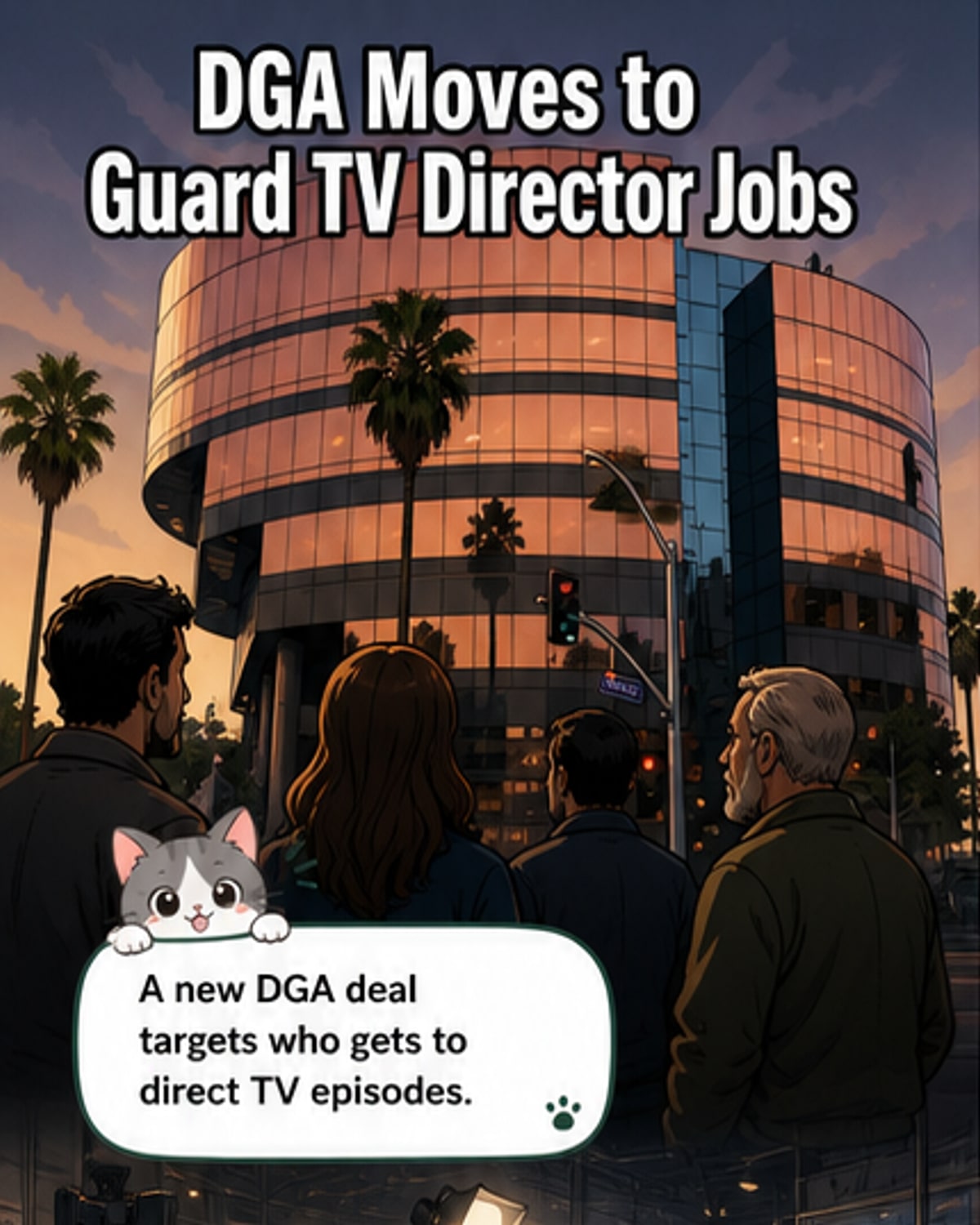 Illustration of a film director on set, with a 'Director' chair and camera, overlaid with a 'No Entry' symbol for actors and non-directors wanting to direct episodes.