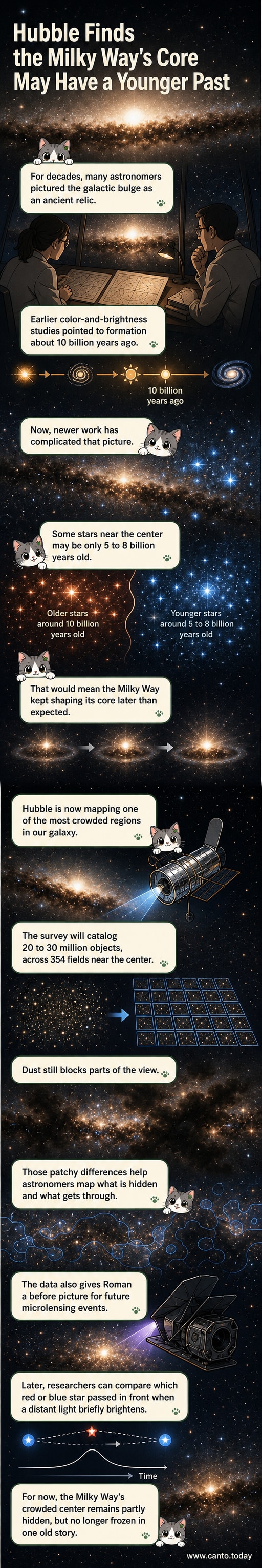 Hubble Space Telescope image of the Milky Way's densely packed galactic core, showing stars clustered amid dark dust lanes.