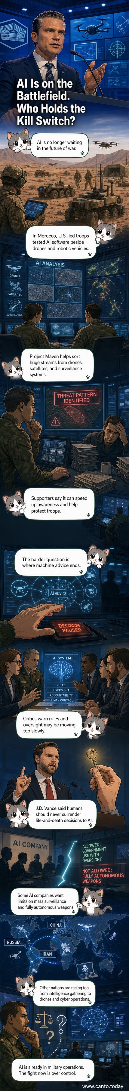 A split image showing a military drone and AI interface with glowing neural network lines, symbolizing the fusion of artificial intelligence and modern warfare.
