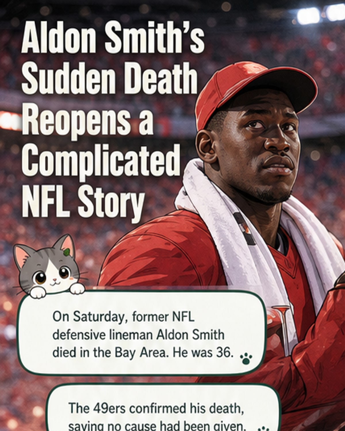 Black-and-white portrait of Aldon Smith in a 49ers jersey, looking toward the camera with a serious expression, overlaid with text: 'Aldon Smith, 1989–2026'