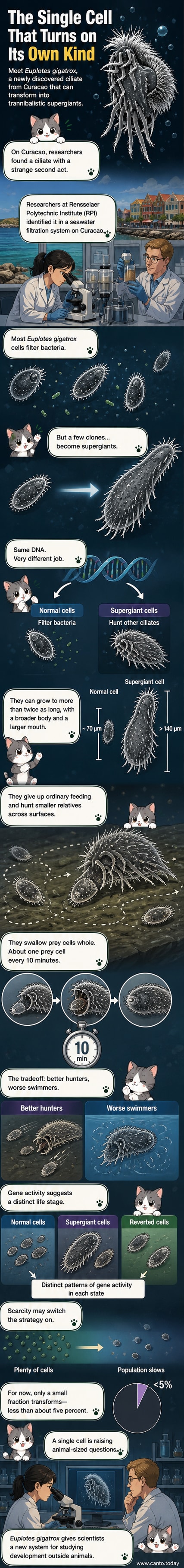 An illustrated single-celled organism with a large mouth crawling across a surface, hunting smaller versions of itself in a microbial environment.