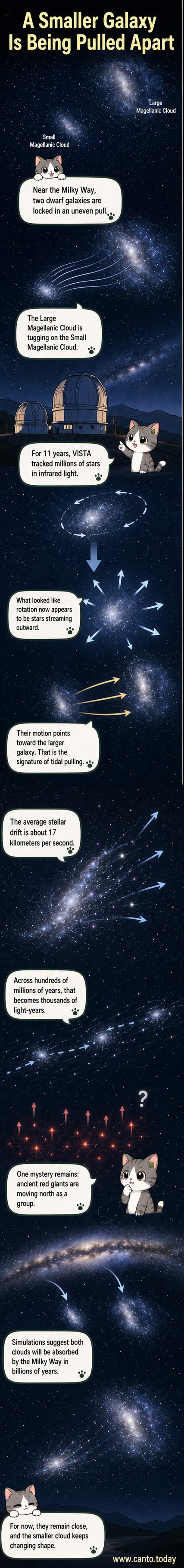 Illustration of two dwarf galaxies, the Large and Small Magellanic Clouds, with stars streaming from the smaller one toward the larger, set against the backdrop of the Milky Way.