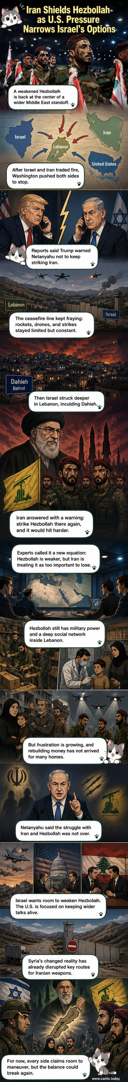 Illustrated Middle East map showing Israel, Lebanon, and Iran with military movements and US diplomatic pressure highlighted.