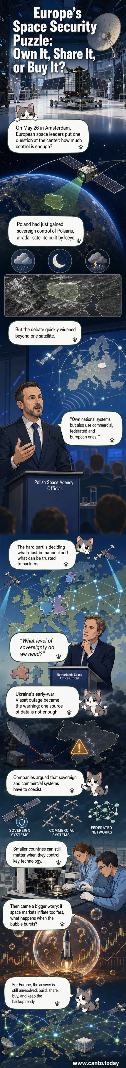 Illustration of a satellite network with national flags and commercial logos interconnected over Europe, showing data flowing between military and civilian systems.