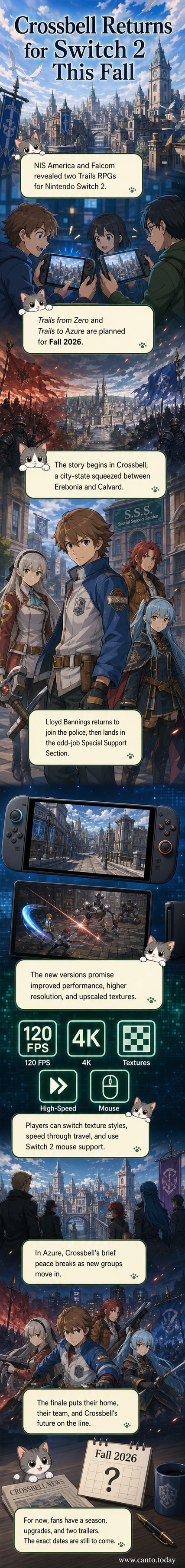 Nintendo Switch 2 gameplay still showing characters from The Legend of Heroes: Trails from Zero in Crossbell City with enhanced visuals and UI elements indicating 4K resolution and 120 FPS.