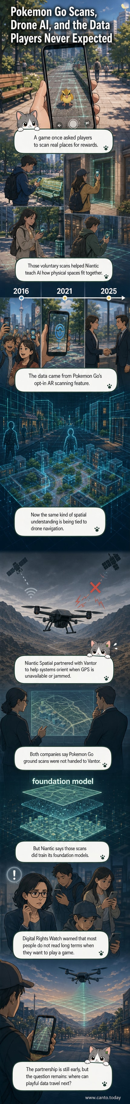 A smartphone shows the Pokémon Go interface overlaid on a city street, with a translucent drone silhouette above, symbolizing the link between game data and military AI navigation.